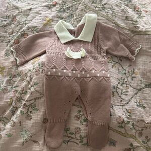 Knit Baby One-Piece with White Collar in Dusty Rose